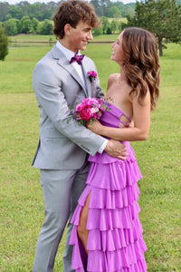 Strapless Purple Ruffle Tiered Long Dress with Slit
