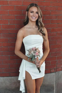 Strapless Yellow Pleated Short Dress with Train