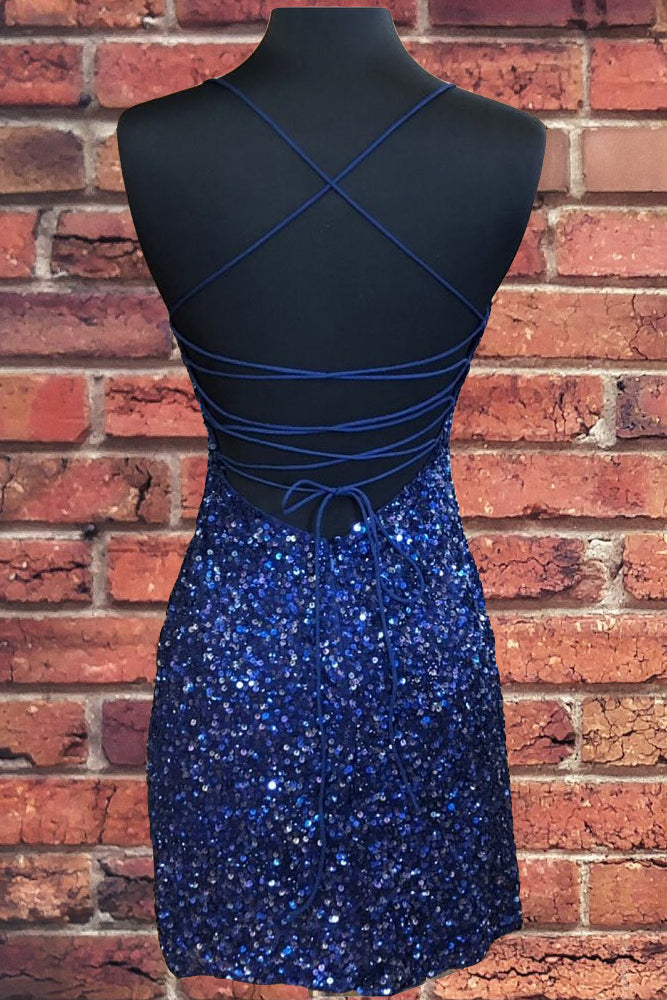 Lace-Up Navy Blue Tight Mini Party Dress