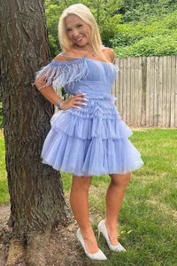 Black Off-the-Shoulder Multi-Layers Homecoming Dress with Feathers