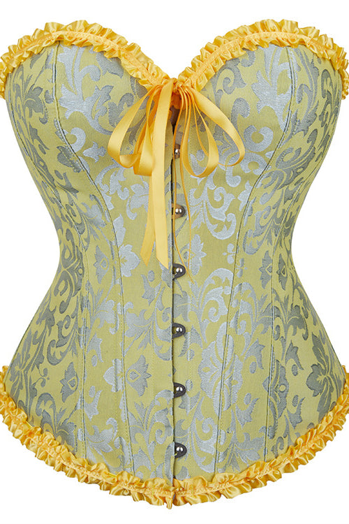 Yellow Floral Ruffled Strapless Lace-Up Bustier Corset Top