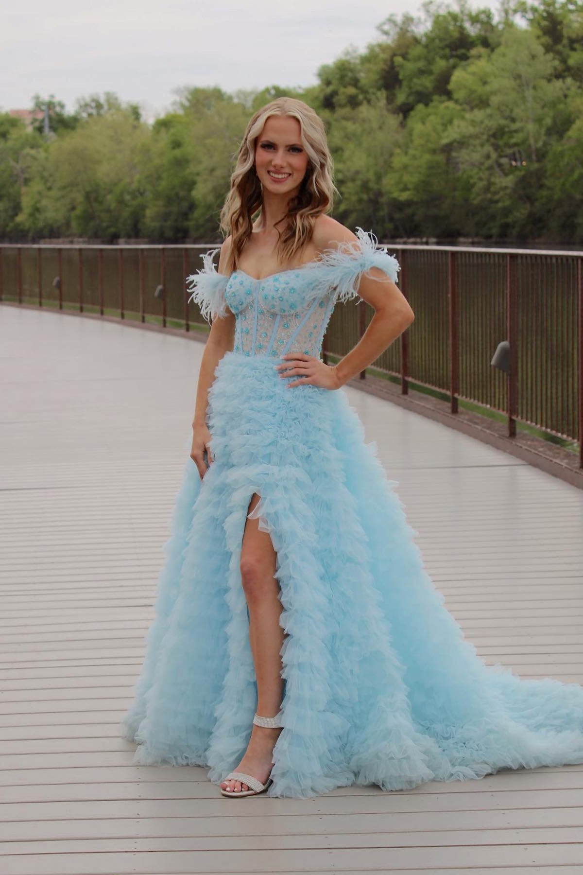 Pink Off-the-Shoulder Feathers Ruffle-Layers Beaded Long Prom Dress