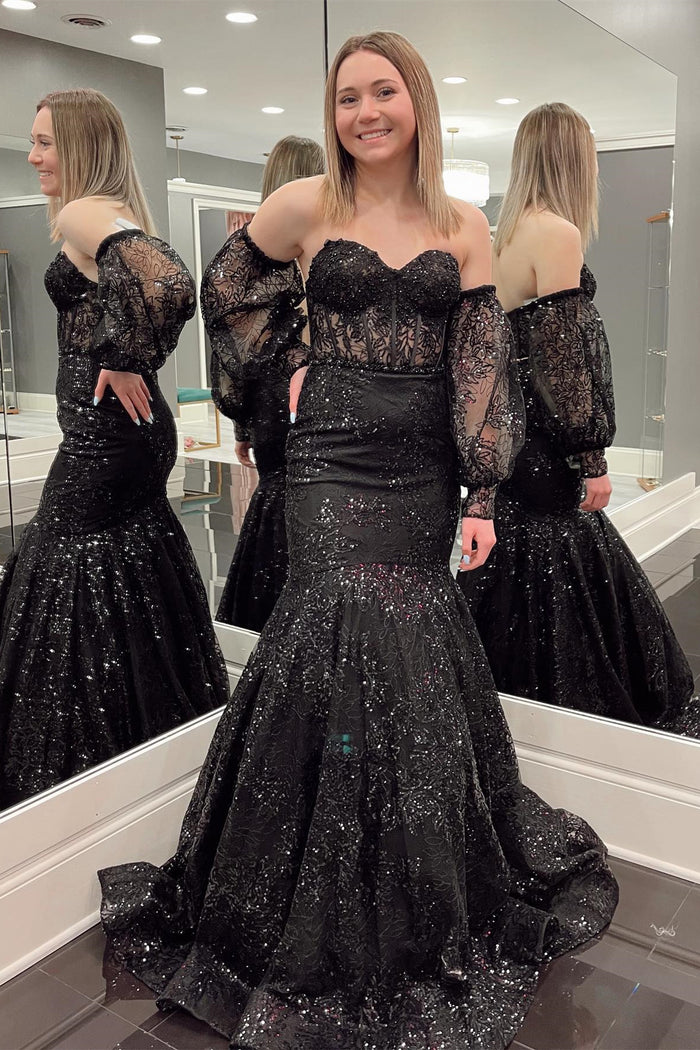 Spaghetti Straps Black Mermaid Long Prom Dresses, Black Mermaid Long Formal  Evening Dresses