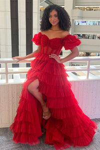 Red Off-the-Shoulder A-line Multi-Layers Long Prom Dress with Slit