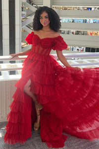 Red Off-the-Shoulder A-line Multi-Layers Long Prom Dress with Slit