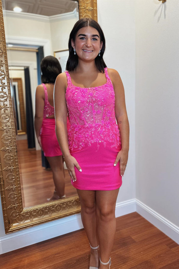 Hot Pink Sheath Satin Sequined Embroidery Homecoming Dress