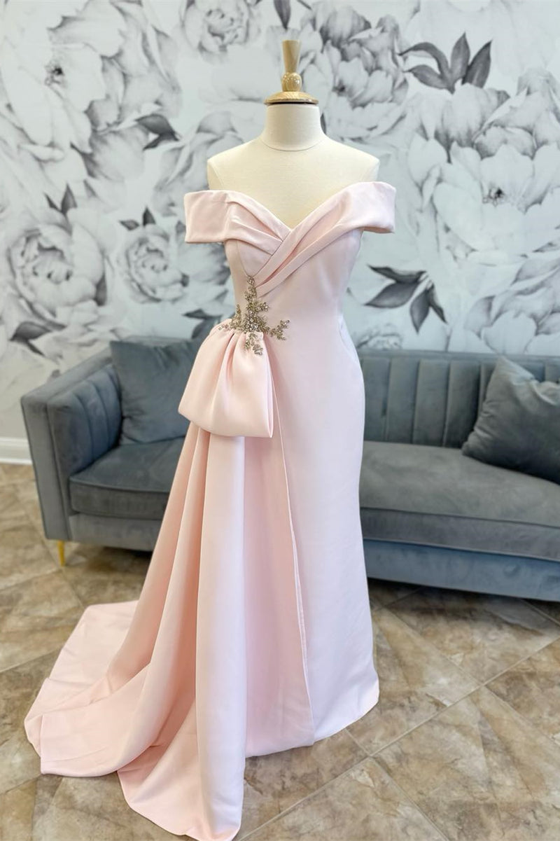 Pink Off-Shoulder Mermaid Satin Long Mother of Bride Dress