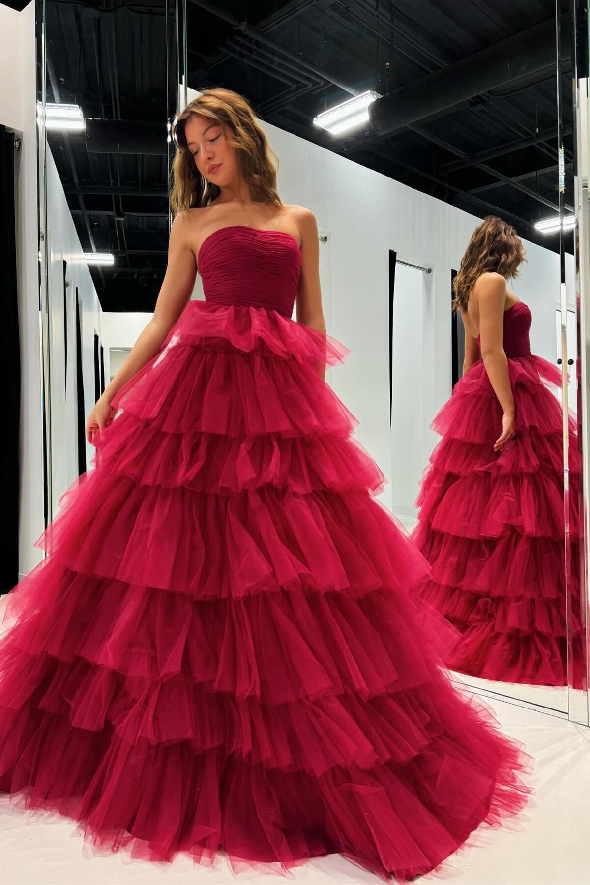 Fuchsia Strapless Ruffle Layers Pleated Long Prom Dress