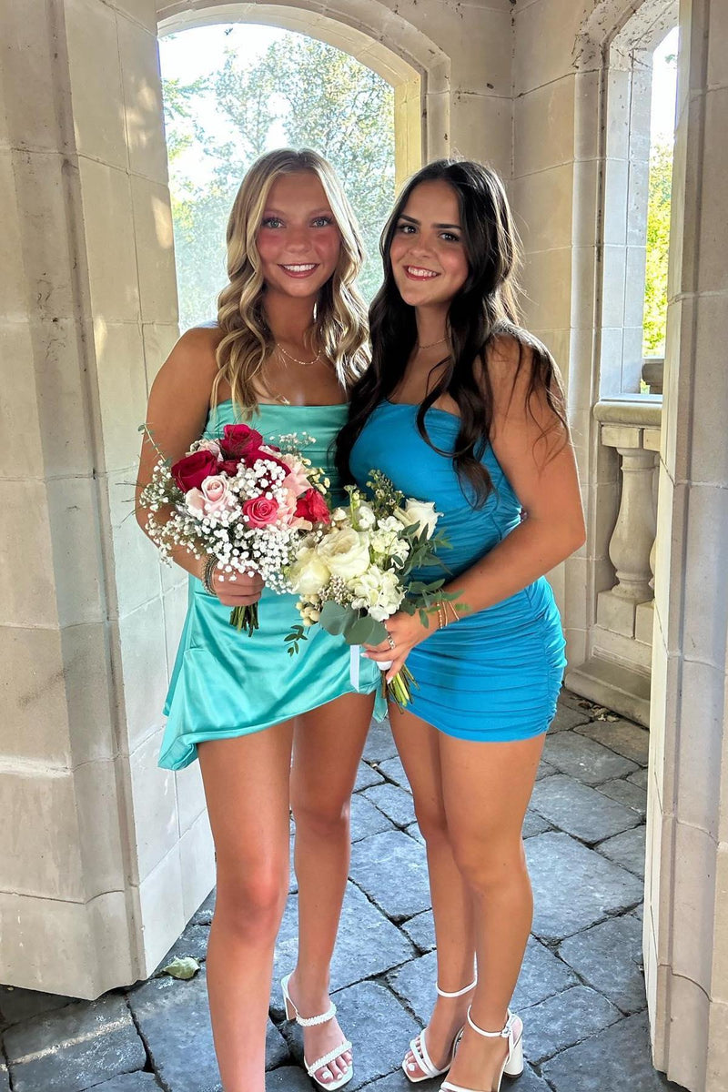 Strapless Aqua Irregular Hem Short Dress