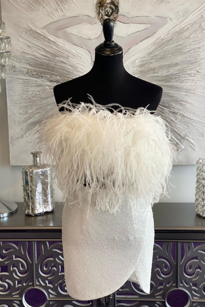 White Sequins Strapless Homecoming Dress with Feathers