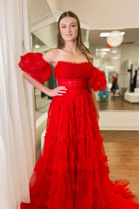 Fuchsia Strapless Tulle A-line Ruffles Long Prom Dress