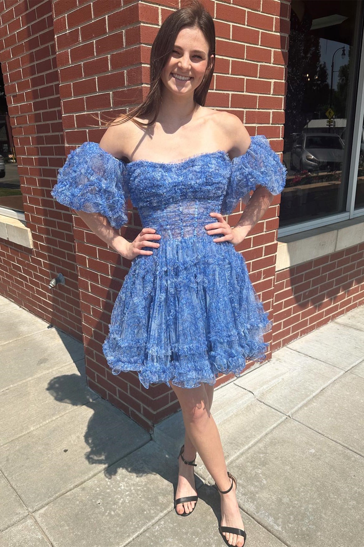 Blue Puff Sleeves Ruffles A-line Prints Homecoming Dress – Dreamdressy