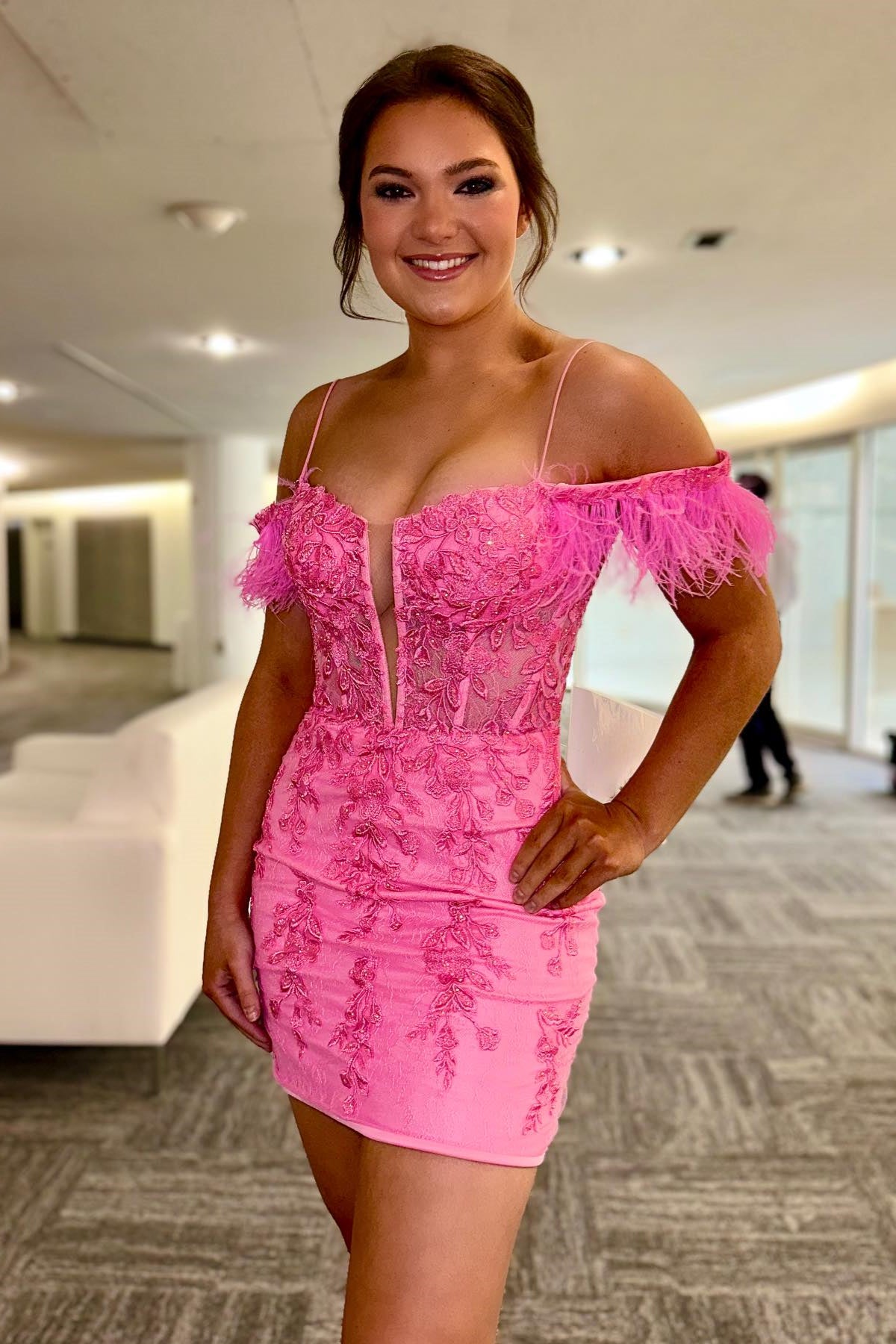 Pink Off-the-Shoulder Lace-Up Appliques Sheath Homecoming Dress with Feathers