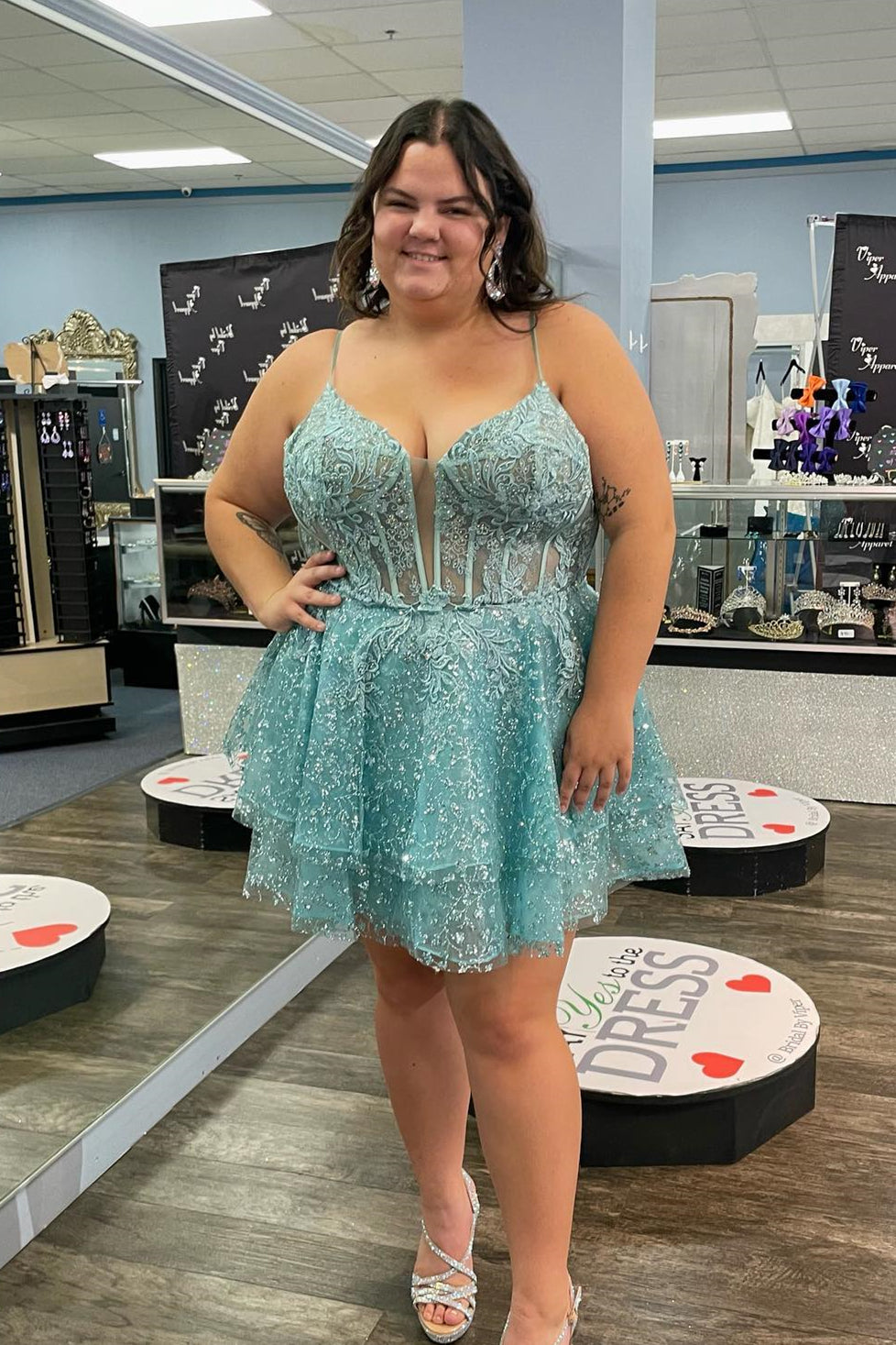 Turquoise Straps Deep V Neck Appliques A-line Multi-Layers Homecoming Dress