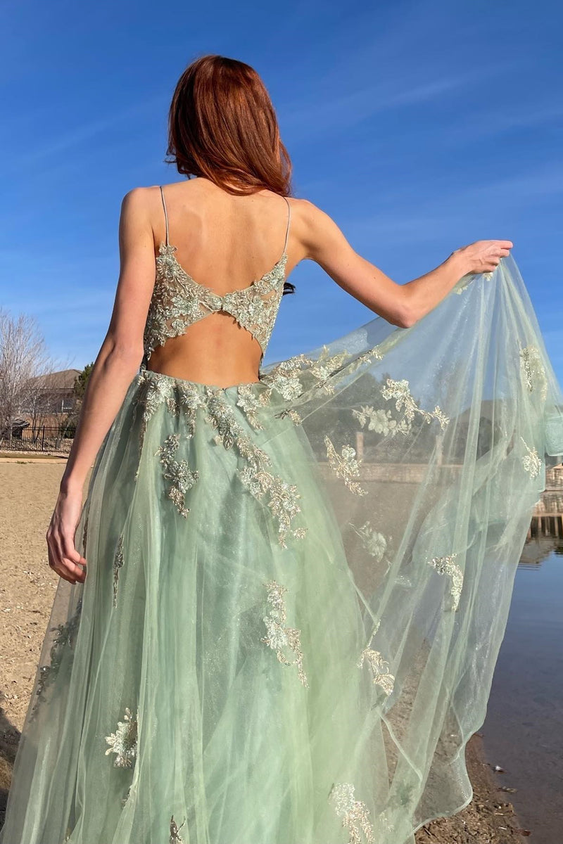 DDreamdressy Sage Green Tulle Floral Lace Backless A-Line Prom Dress with Slit Sage Green / US 16
