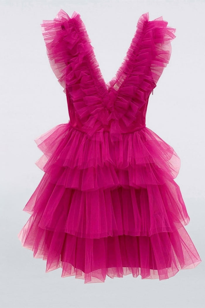 Hot Pink Plunging V Halter Sheath Satin Homecoming Dress