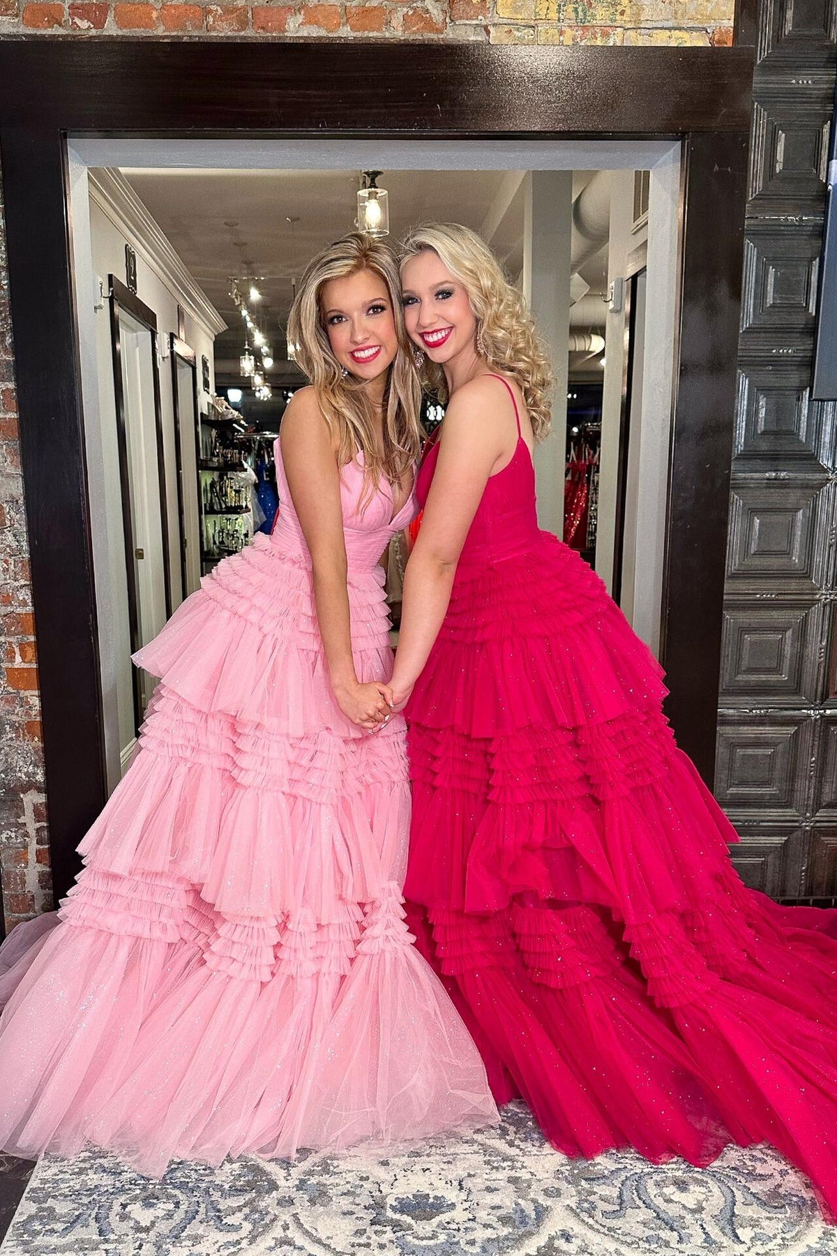 Pink V-Neck Empire Waist Tiered Long Prom Dress with Ruffles