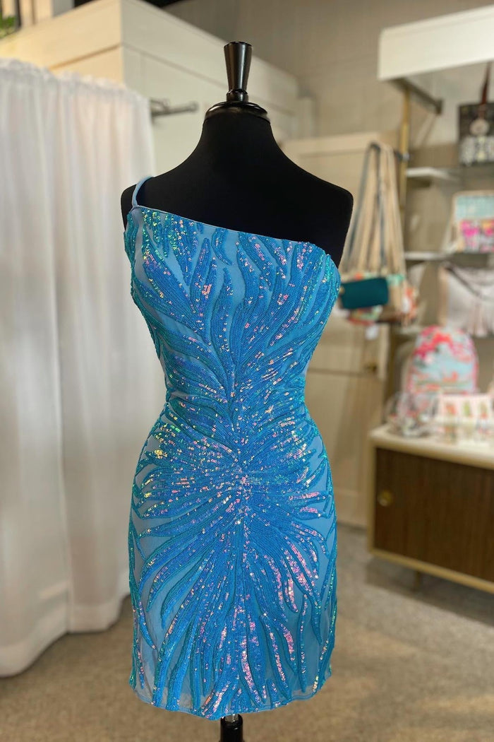 Blue One Shoulder Sequined Sheath Homecoming Dress