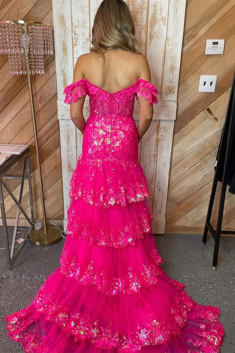 Red Off-the-Shoulder Sequined Appliques Multi-Layers Long Prom Dress with Slit