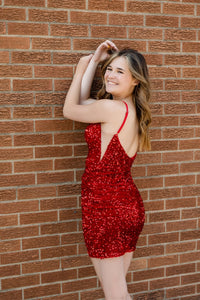 Red Sequins Sheath Plunging V Neck Straps Homecoming Dress