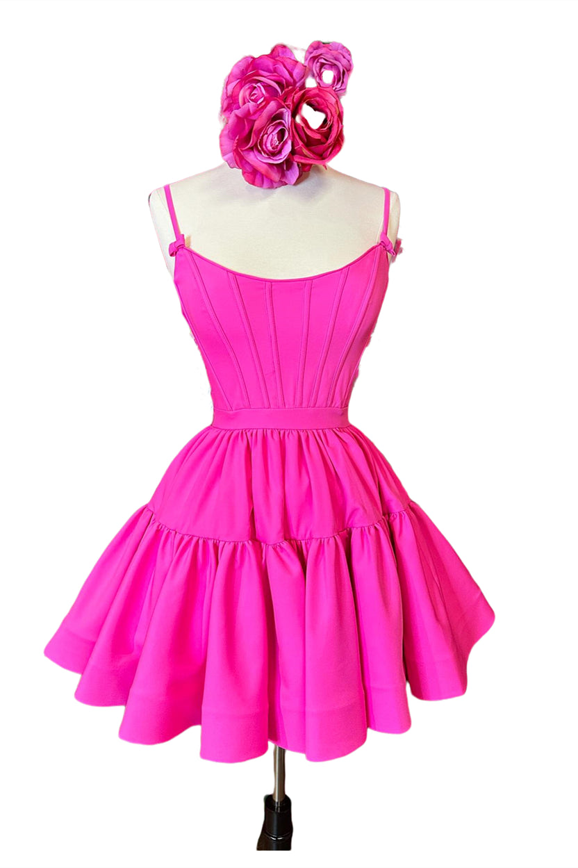 Hot Pink Aline Ruffled LaceUp Dress Dreamdressy