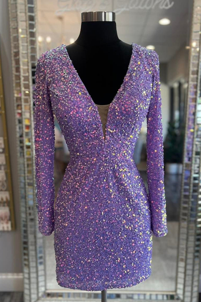 Purple Lace-Up Sequins Plunging V Neck Long Sleeves Sheath Homecoming Dress