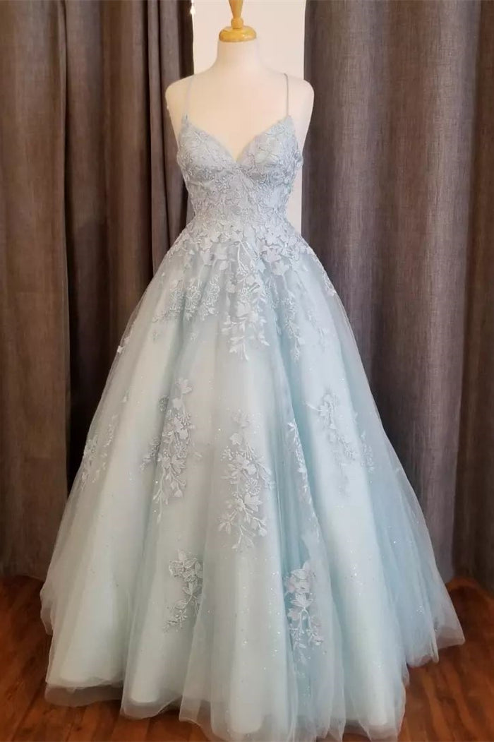 Light Blue Straps Appliques Tulle A-line Long Prom Dress