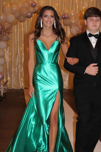 Light Blue Mermaid Spaghetti Straps Satin Long Prom Dress with Slit