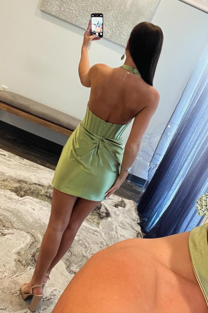 Halter Sage Green Ruched Tight Mini Cocktail Dress