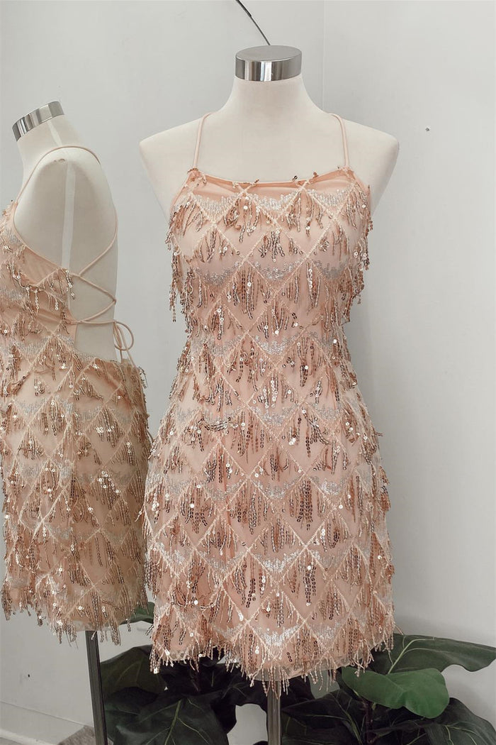 Pink Lace-Up Tassels Sequins Sheath Homecoming Dress