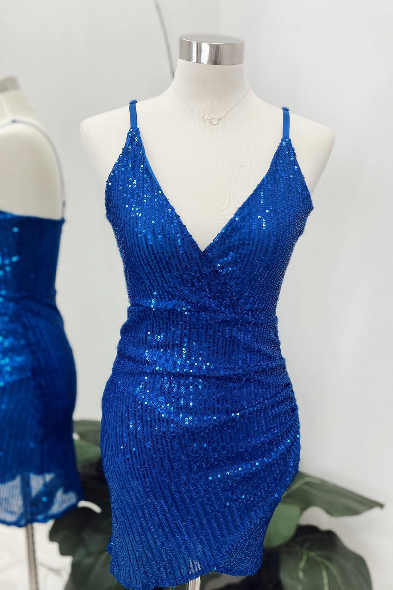 Royal Blue Sequins Deep V Neck Faux-Wrap Homecoming Dress