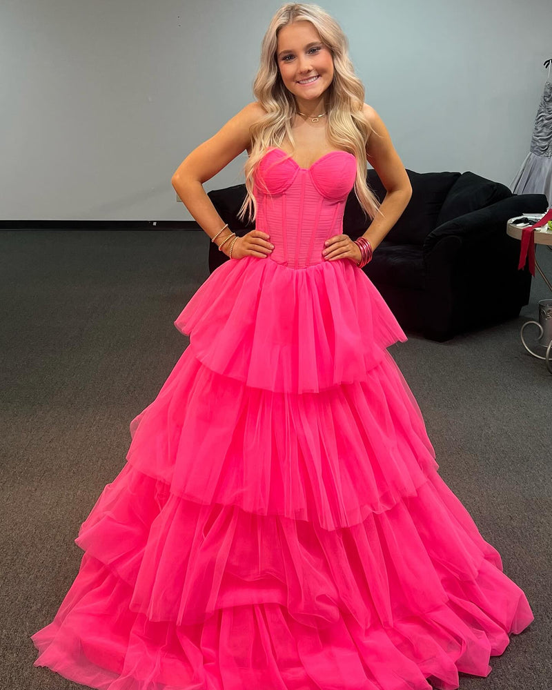 Hot Pink Strapless Layers Tulle A-line Long Prom Dress