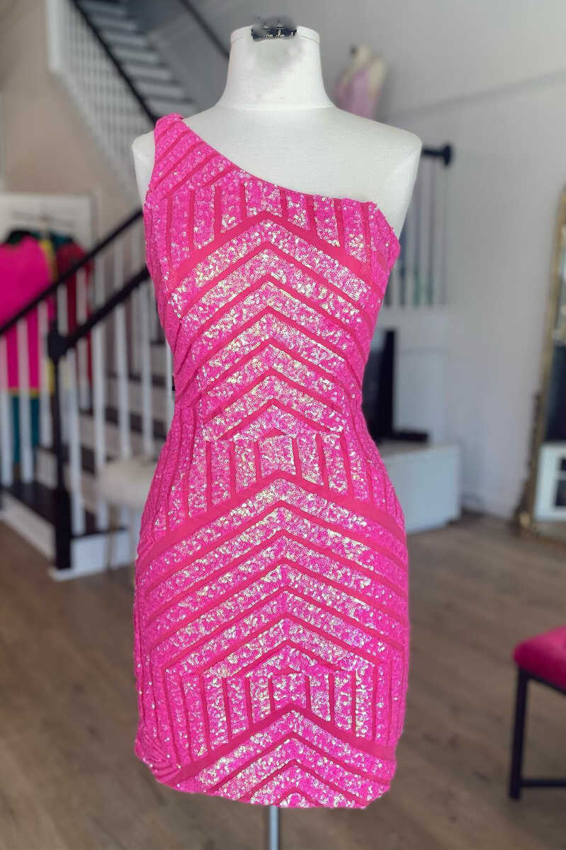 Tight One Shoulder Hot Pink Sequins Homecoming Dress