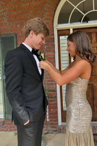 Strapless Metallic Silver Pleated Long Dress