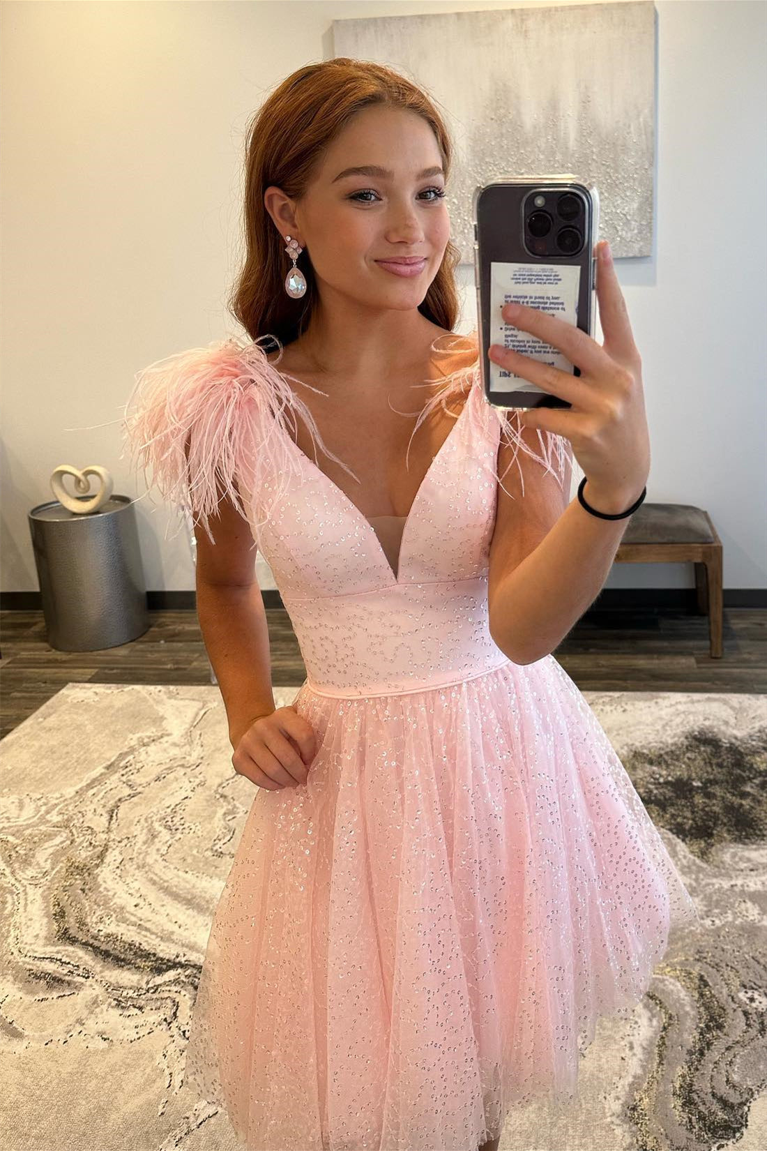 Pink Plunging V Neck Beaded A-line Homecoming Dress with Feathers