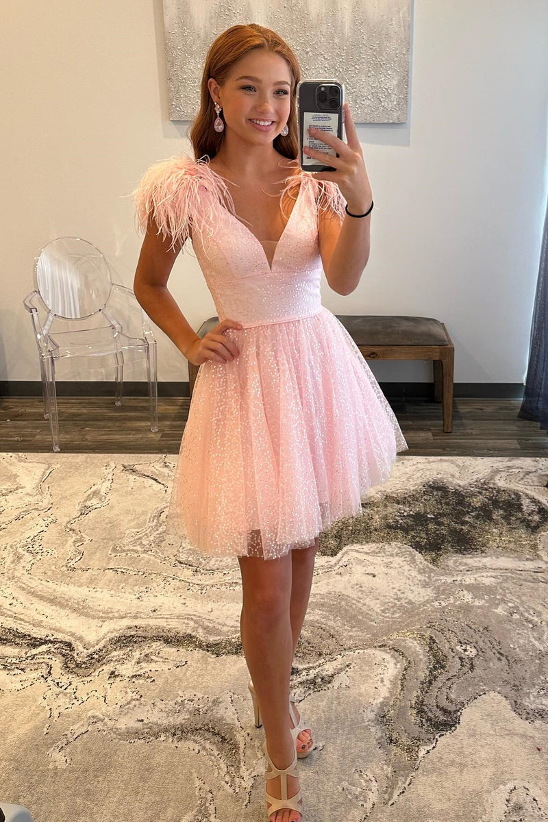 Pink Plunging V Neck Beaded A-line Homecoming Dress with Feathers