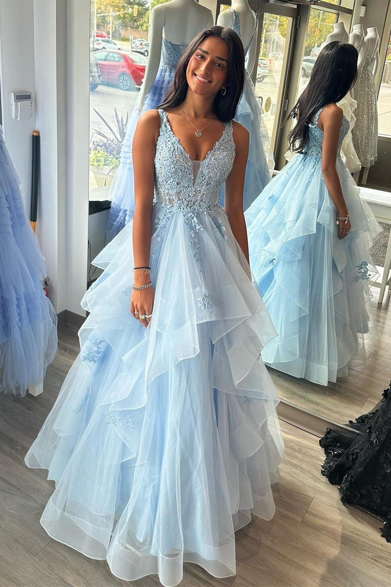 Princess Blue A-line Ruffles Long Prom Dress