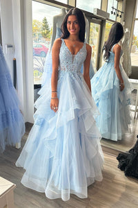 Princess Blue A-line Ruffles Long Prom Dress