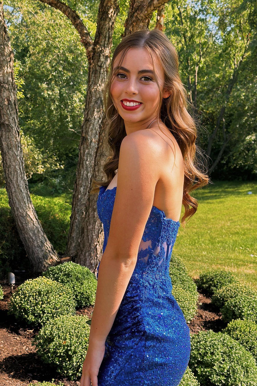 Royal Blue Strapless Sequined Sheath Dress Dreamdressy