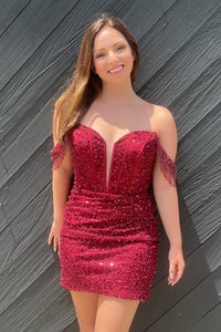 Red Sequins Plunging Off-the-Shoulder Sheath Homecoming Dress with Tassels