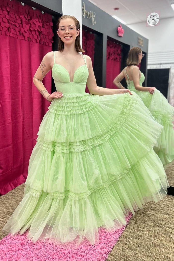 Lemon Green Layers Spaghetti Straps A-line Long Prom Dress