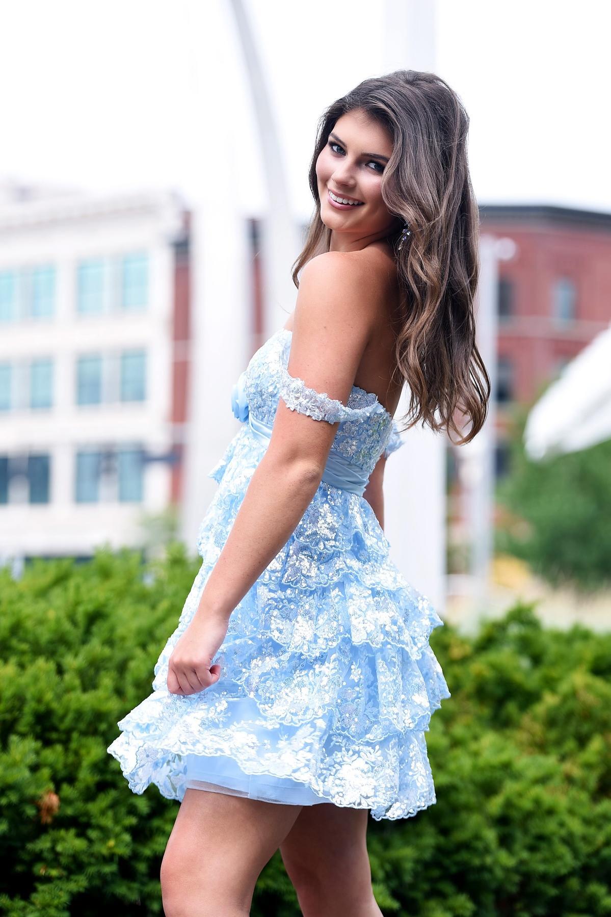 Empire Light Blue Appliques Tiered Ruffle Short Homecoming Dress