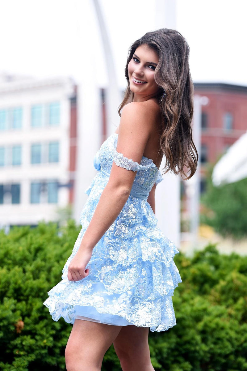 Empire Light Blue Appliques Tiered Ruffle Short Homecoming Dress