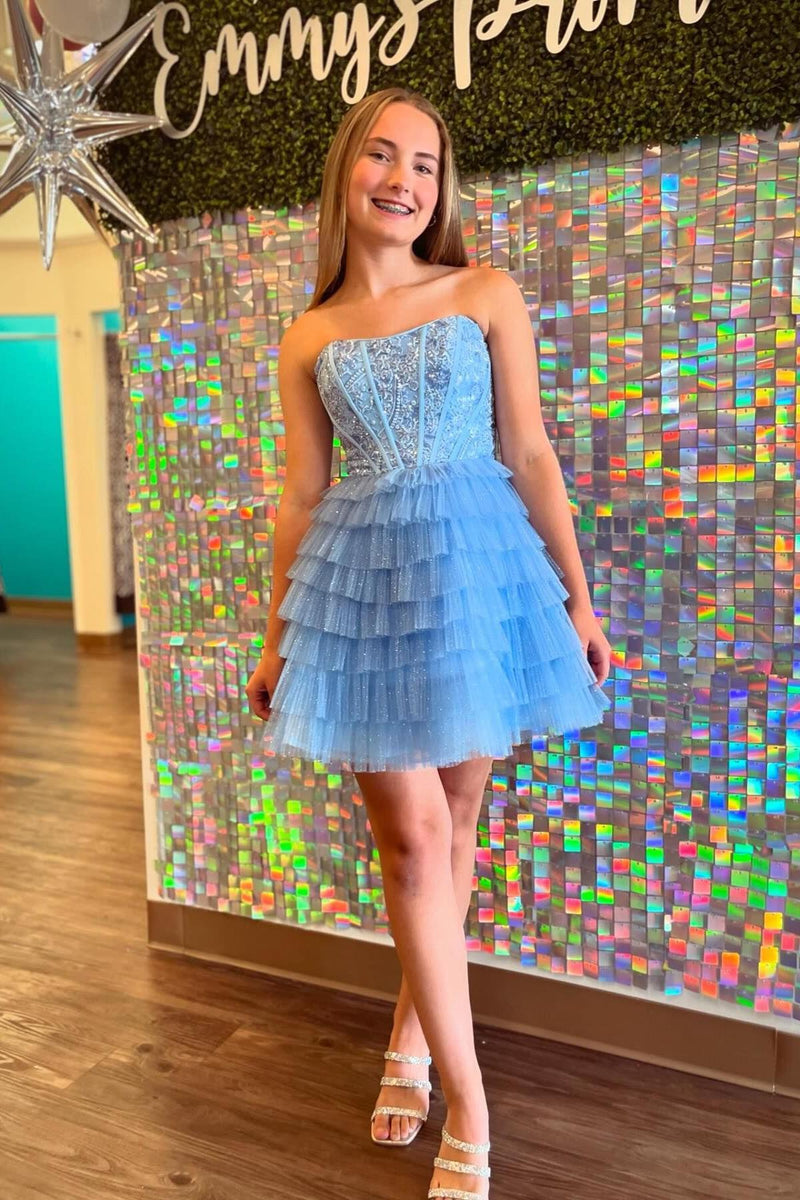 Sweetheart Light Blue A-line Tiered Ruffle Short Dress