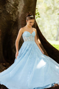 Lavender Strapless Appliques A-line Tulle Long Prom Dress