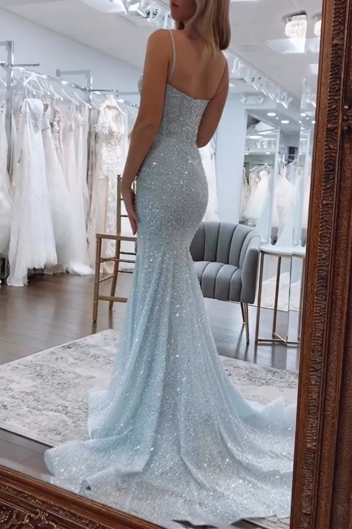 Light Blue Sequins Straps Mermaid Long Prom Dress