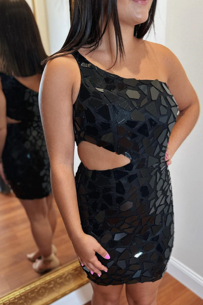 Black One Shoulder Mirror-Cut Sequins Sheath Cut-Out Homecoming Dress