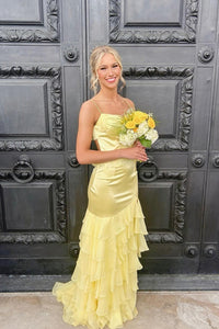 Straps Yellow Ruffled Long Dress with Rosette