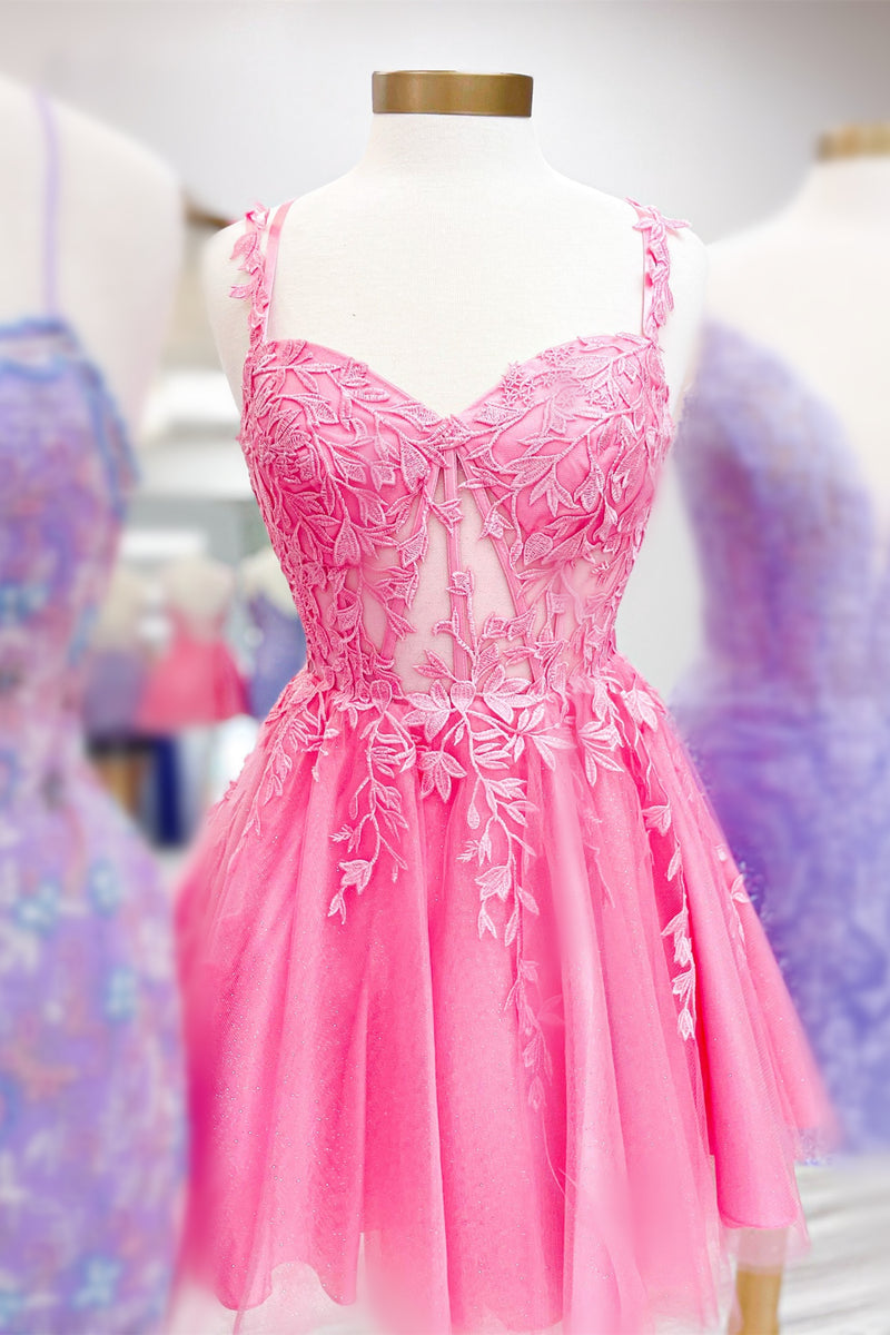 Pink Flower Straps A-line Appliques Tulle Homecoming Dress