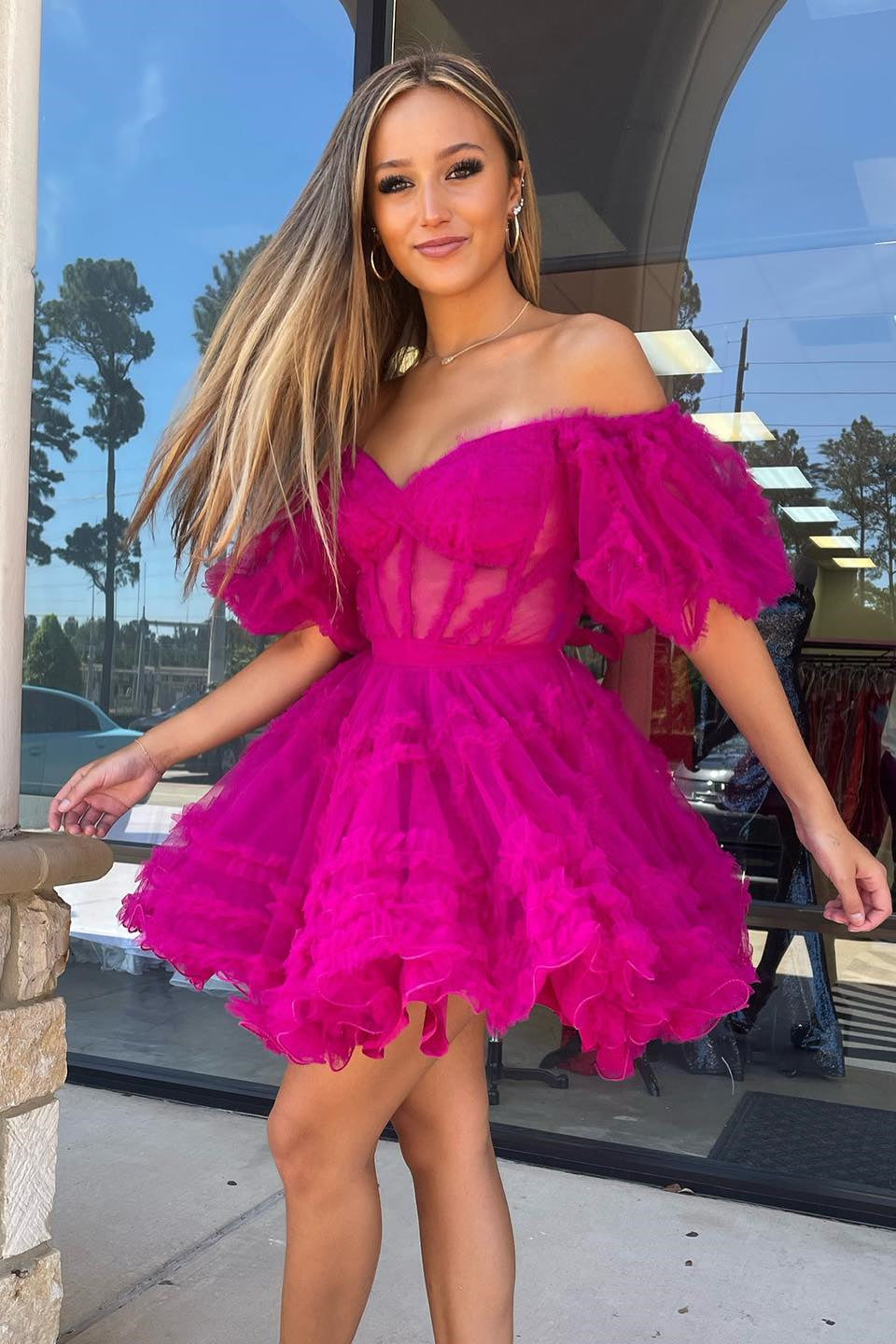 Pink Off-the-Shoulder Ruffles Puff Sleeves Homecoming Dress